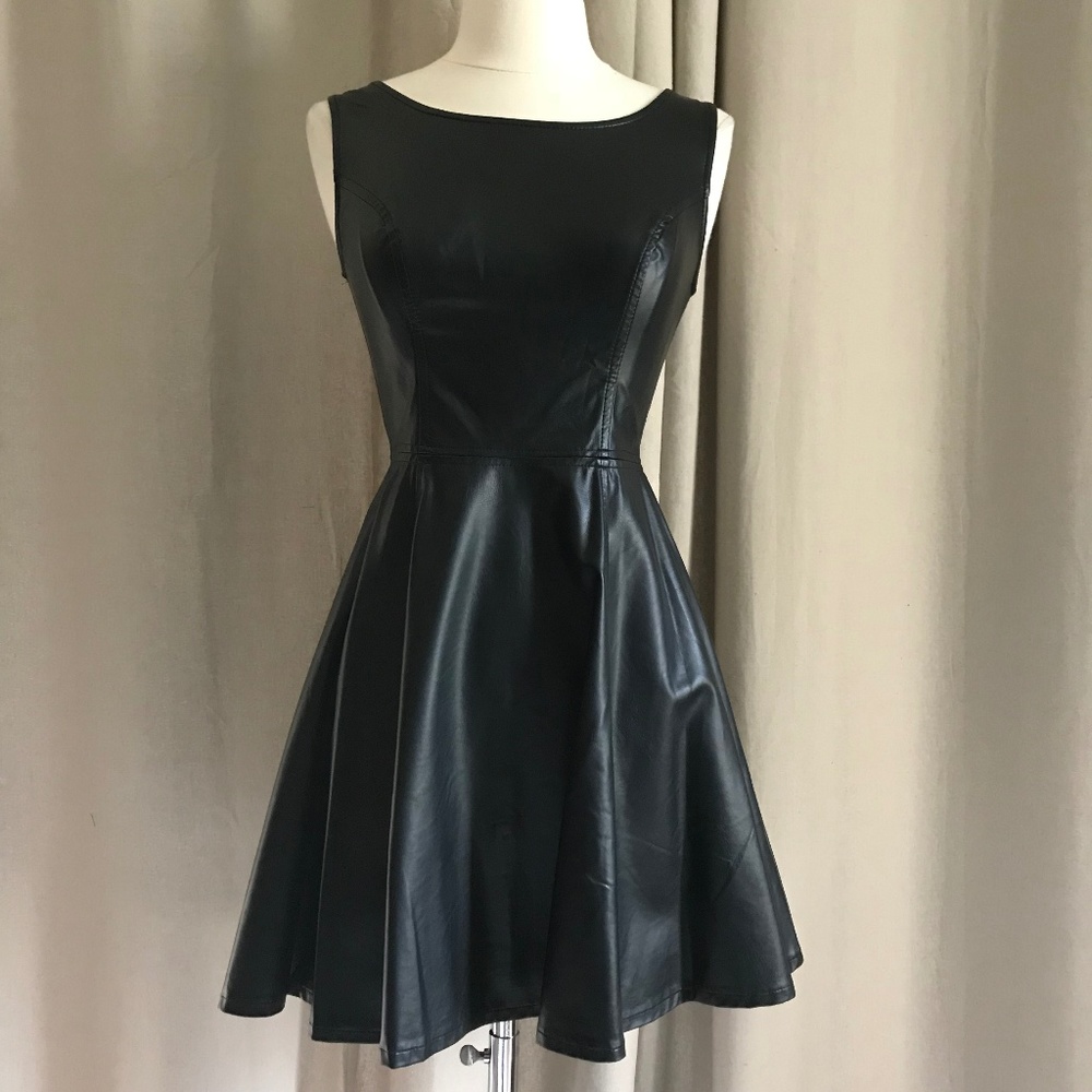 Black Faux Leather Fit and Flare Skater Dress S